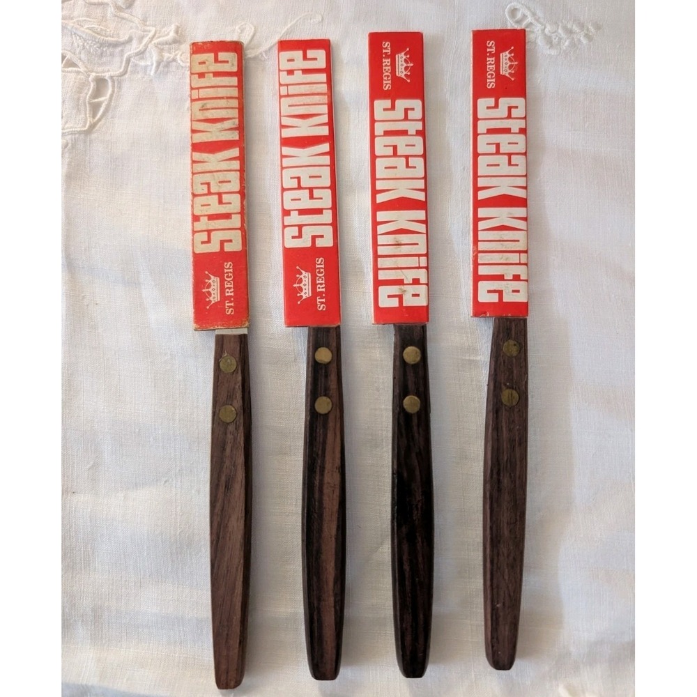 St. Regis Stainless Steak Knives w/Wood Handles Japan Set of 4 MCM Original‎